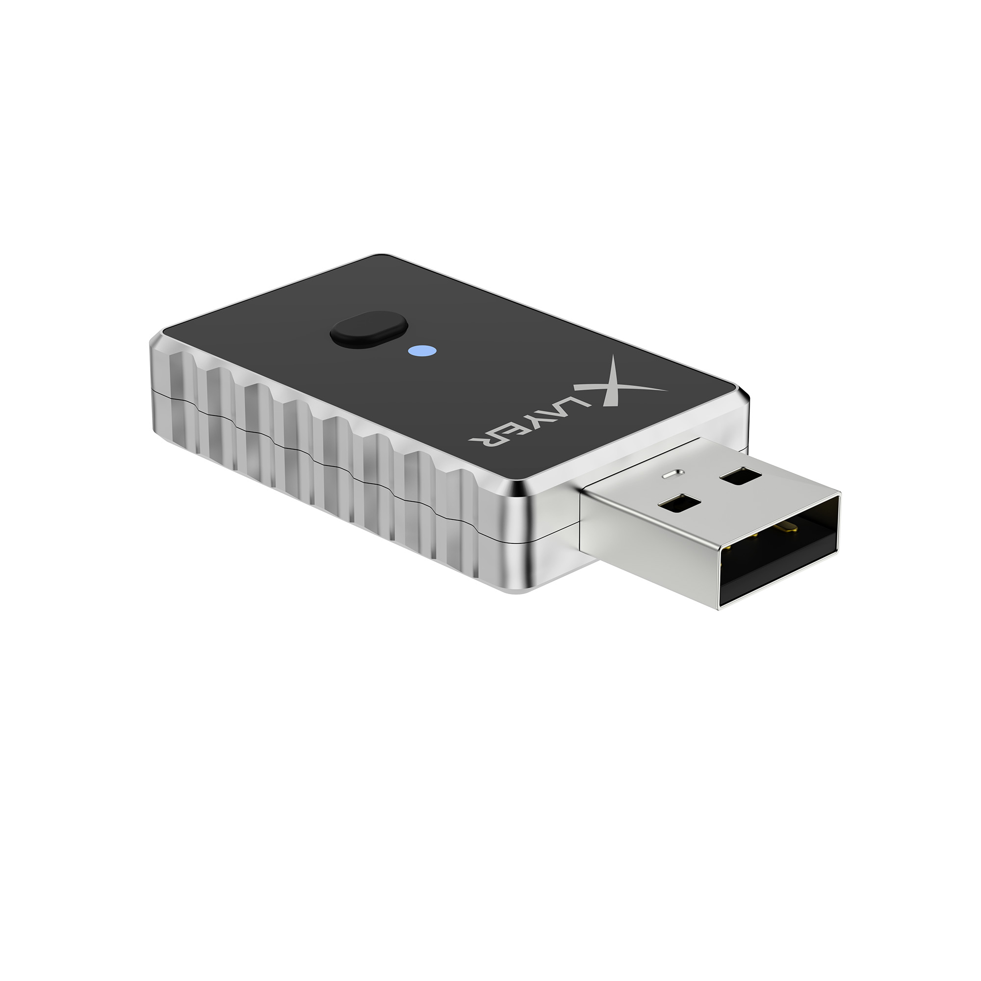Ein schwarzer USB-Adapter mit silbernen Rillen und einem blauen Licht.