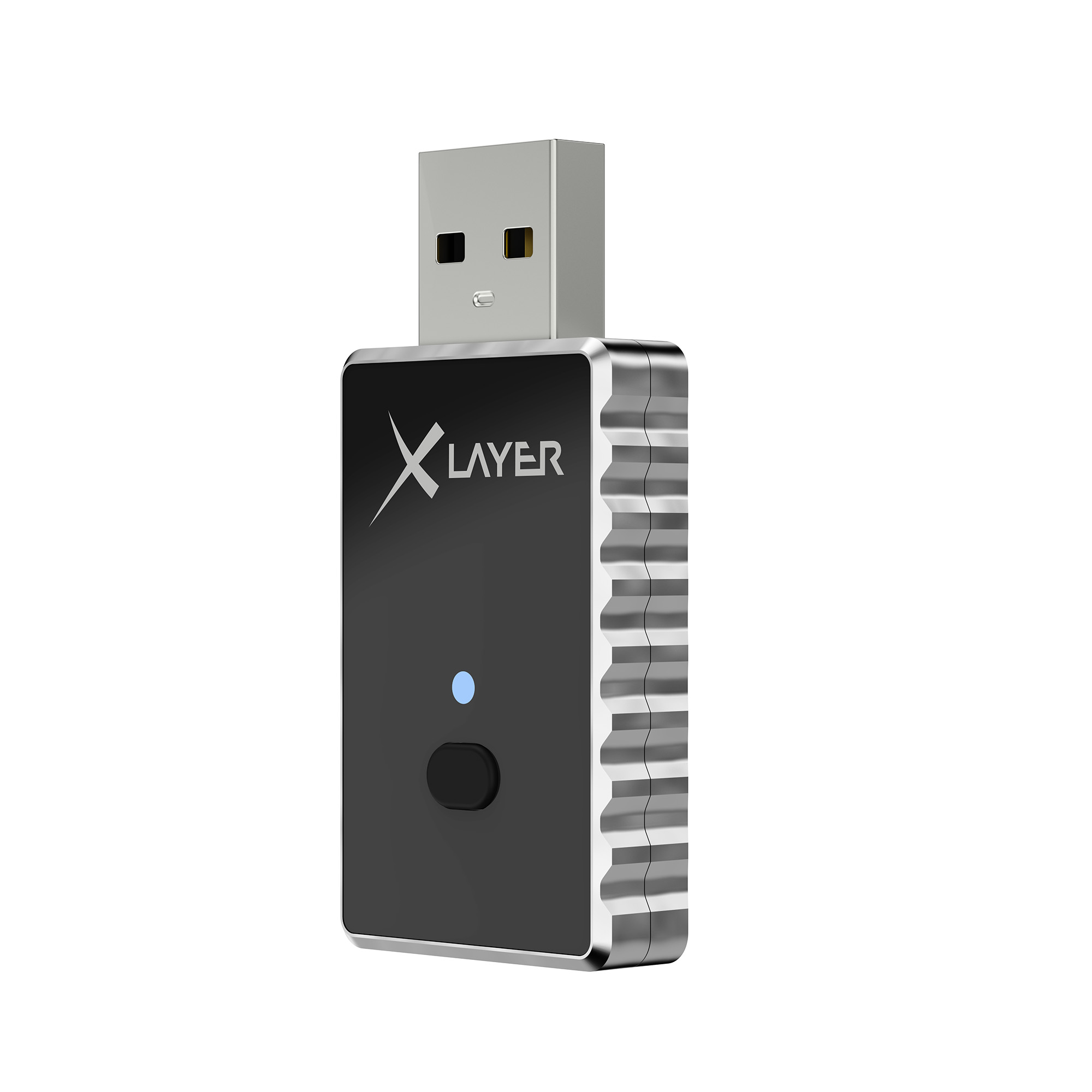 Ein silberner USB-Adapter mit schwarzem Gehäuse und blauem Licht.