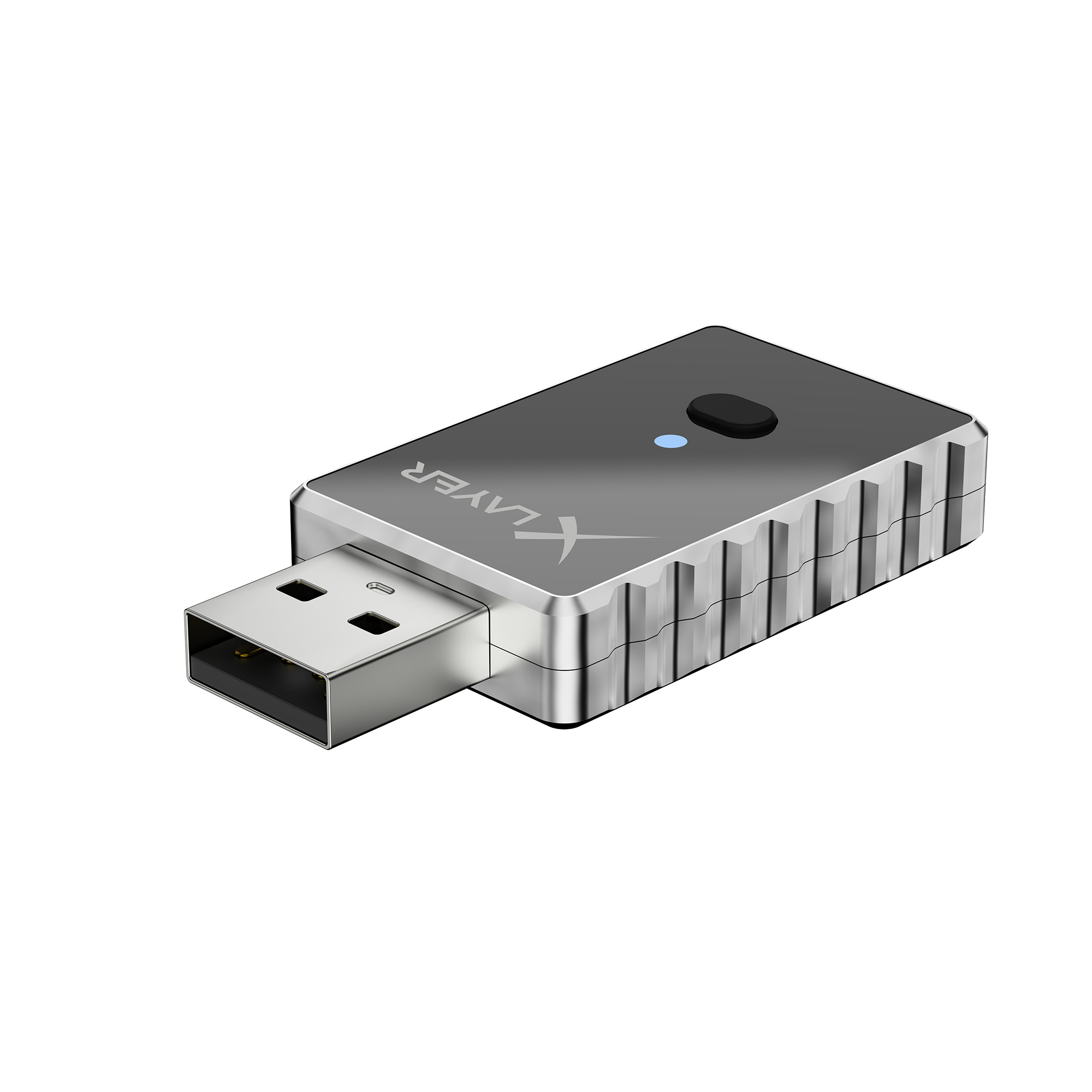 Silberner USB-Adapter mit schwarzem Knopf und blauem Licht.