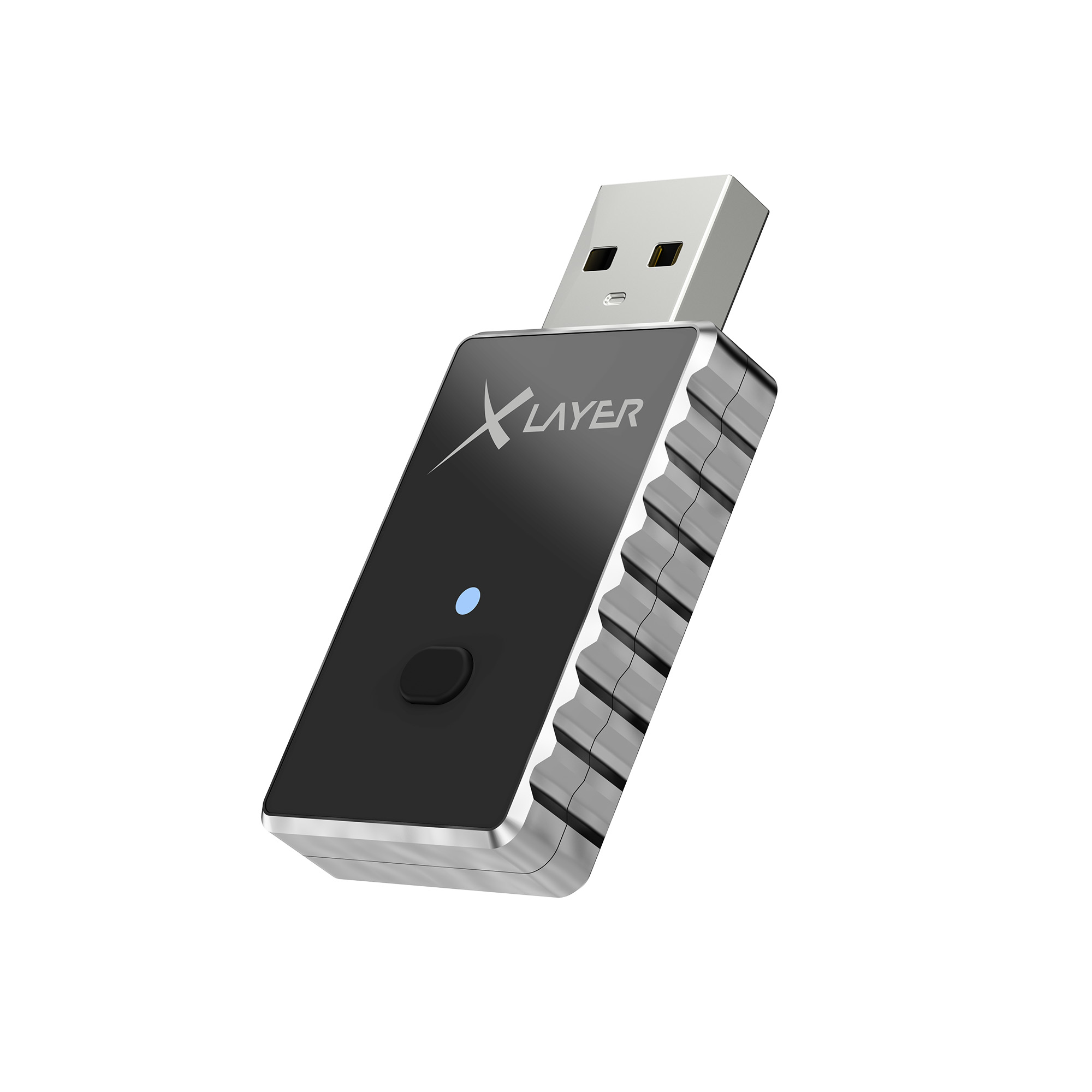 Ein schwarzer USB-Adapter mit silbernem Gehäuse und gerippter Seite.