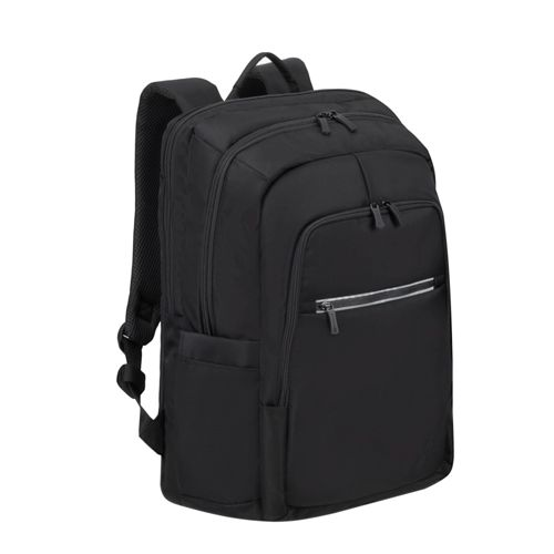 Schwarzer Rucksack mit mehreren Fächern und Reißverschlüssen, auf weißem Hintergrund.