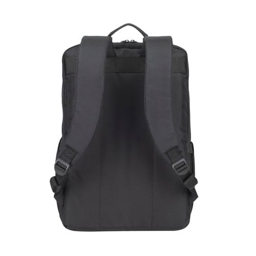 Rückansicht eines schwarzen Rucksacks mit gepolsterten Schultergurten und Schnallen.