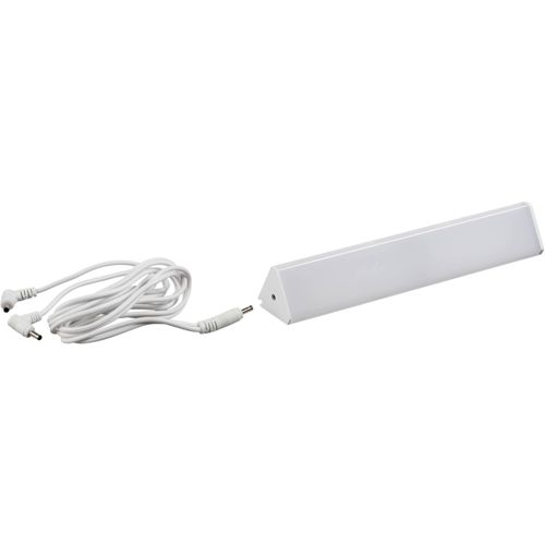 Ein weißes Dreiecklicht mit weißem Kabel und mehreren Steckern.