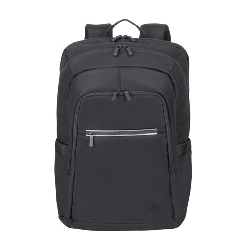 Ein schwarzer Rucksack mit mehreren Fächern und Reißverschlüssen.