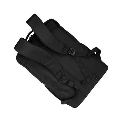 Schwarzer Rucksack mit gepolsterten Trägern und Schnallen, Nahaufnahme.