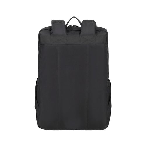 Schwarzer Rucksack von hinten mit gepolsterten Trägern und seitlichen Taschen.