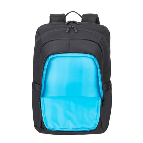 Ein schwarzer Rucksack mit offenem Fach und hellblauem Innenfutter.