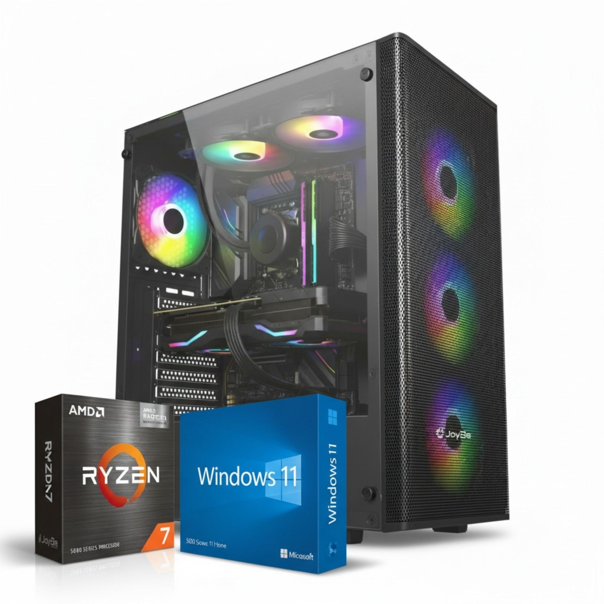 PC da gioco con ventole RGB, scatola CPU AMD Ryzen 7 e Windows 11.