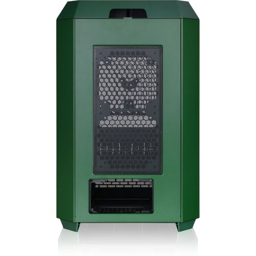 Case del computer verde con griglie di ventilazione posteriori e porte.