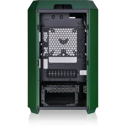 Case PC verde, vista posteriore, con supporti ventola e gestione cavi visibili.