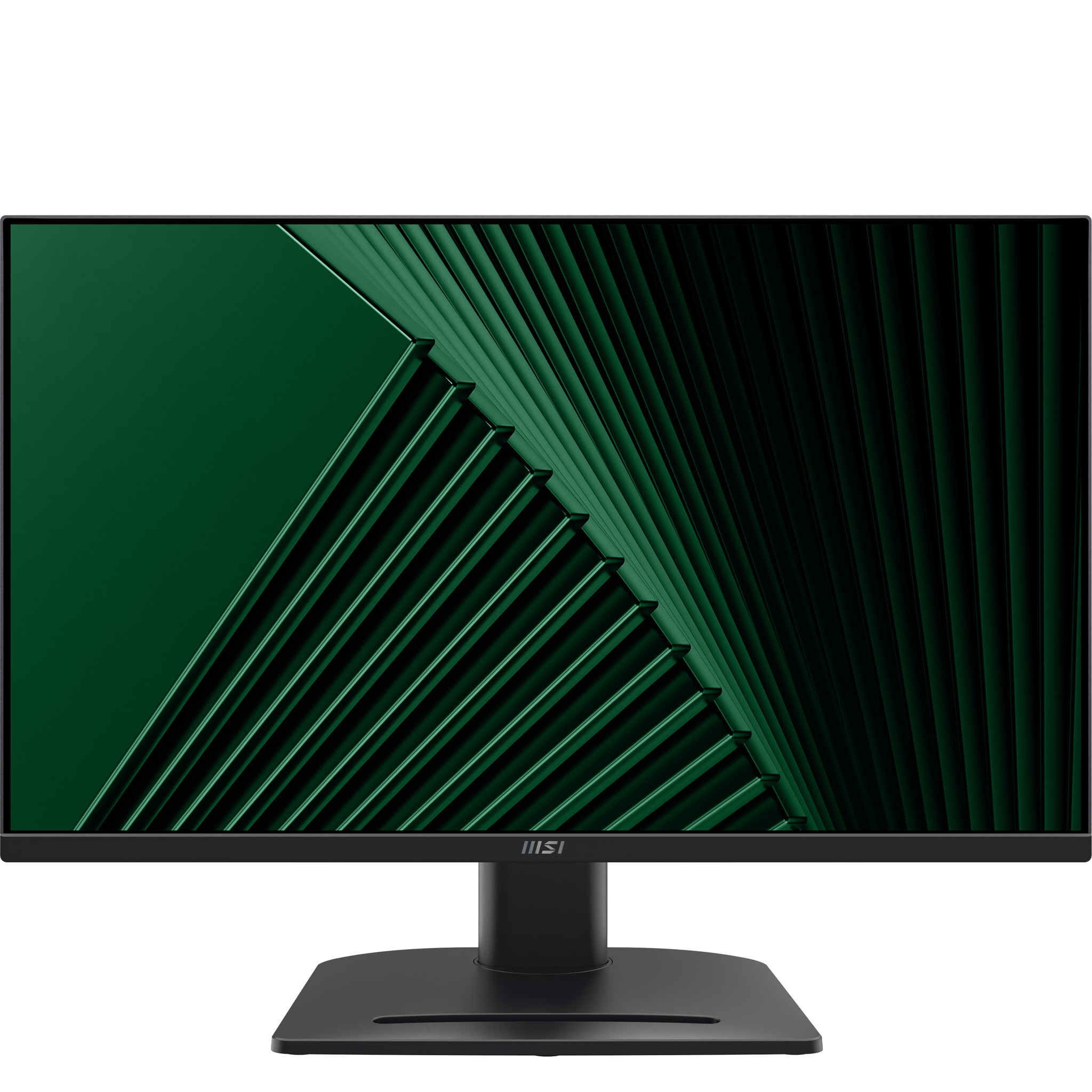Un monitor nero con uno sfondo astratto verde sullo schermo.