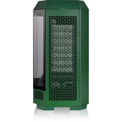 Un case per computer verde scuro con pannello laterale trasparente e griglie di ventilazione.