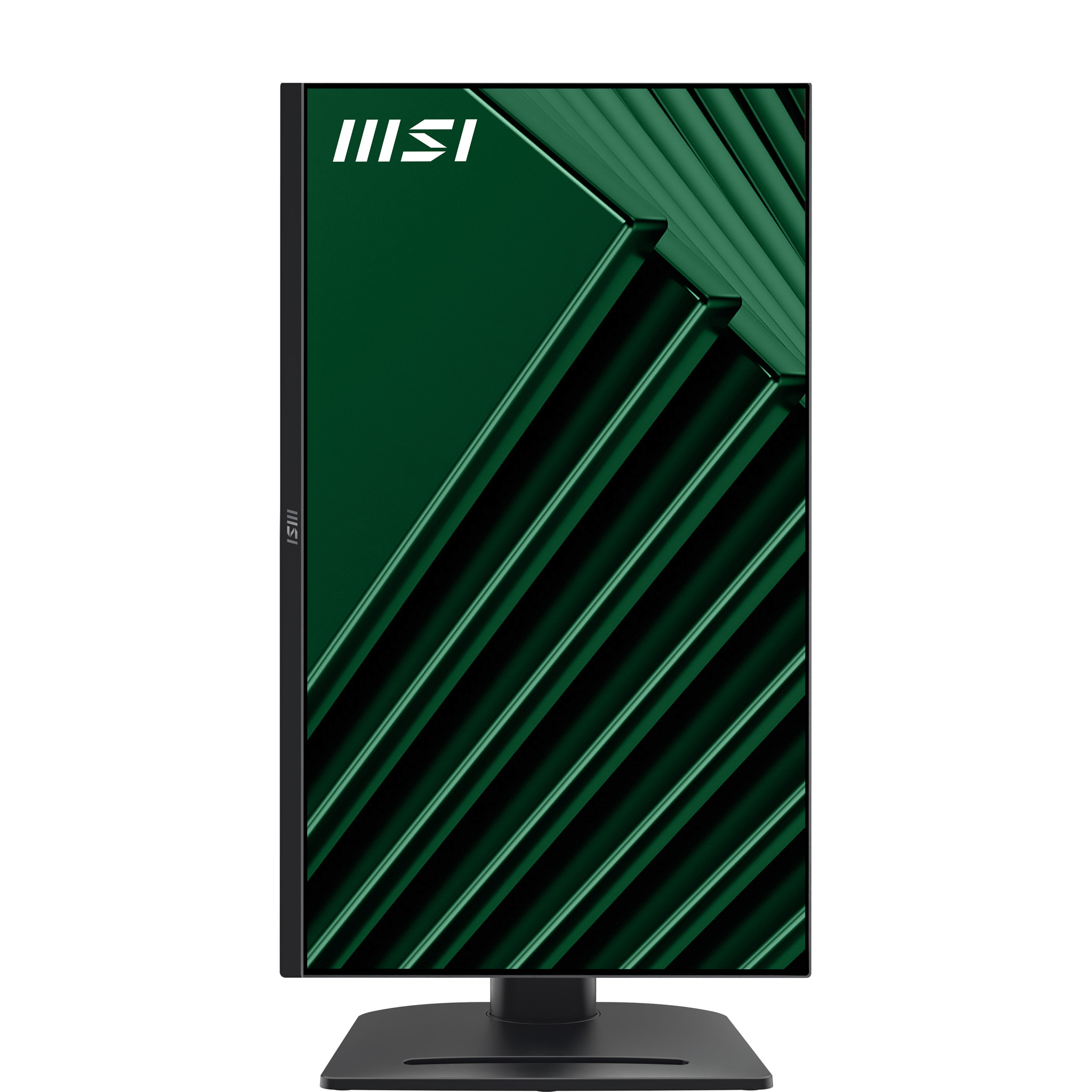Monitor MSI verticale con sfondo astratto verde scuro e logo MSI bianco.