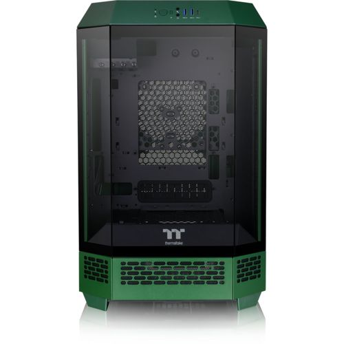 Un case per PC verde con pannelli in vetro e griglie di ventilazione.