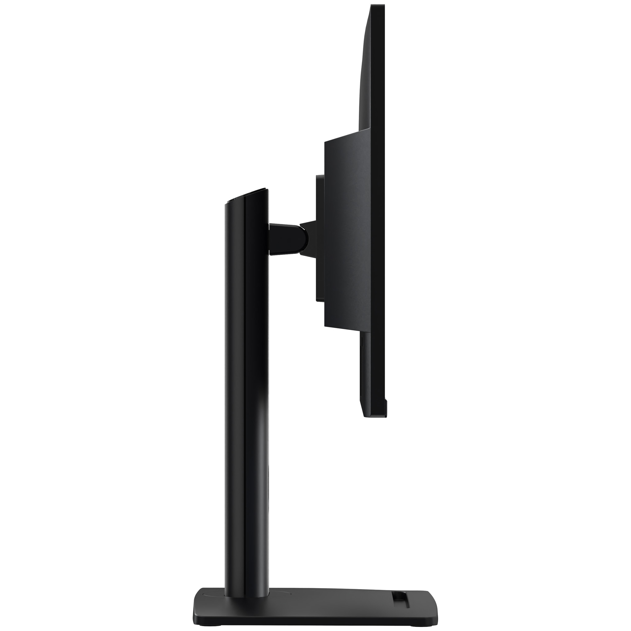Monitor nero su supporto, visto di lato.