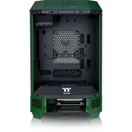 Un case per computer verde con interno aperto e griglie di ventilazione.