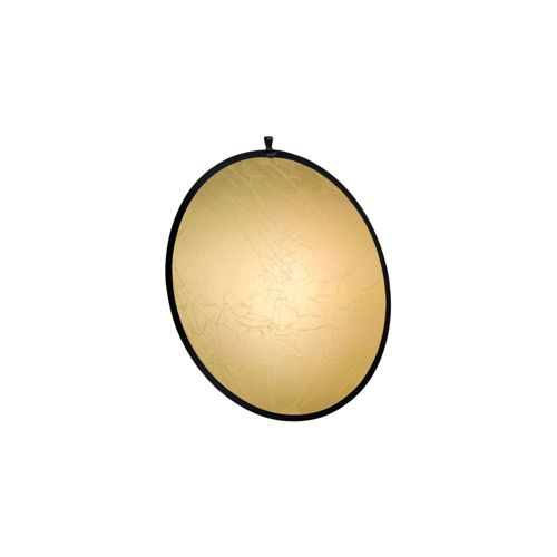 Ein runder, faltbarer goldener Reflektor mit schwarzem Rand.