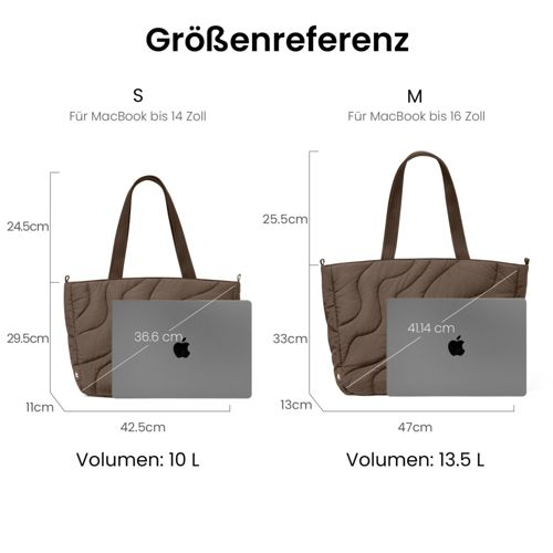Größenvergleich: Kleine Tasche passt für 14" MacBook, Große Tasche passt für 16" MacBook.