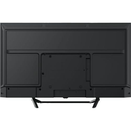 Vista trasera de un televisor negro con soporte.