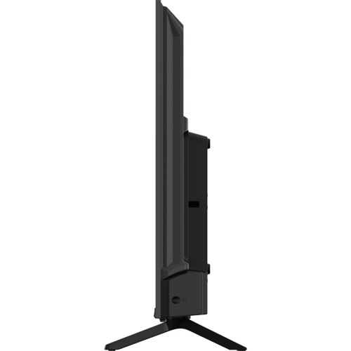 Un televisor negro visto de perfil con su soporte negro.