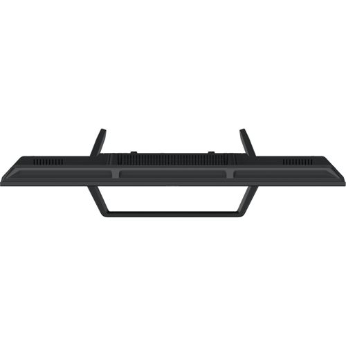 Un televisor de pantalla plana negro visto desde arriba, con su soporte claramente visible.