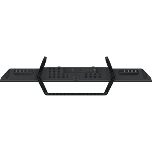 Vista trasera de un televisor negro con puertos y ranuras de ventilación.
