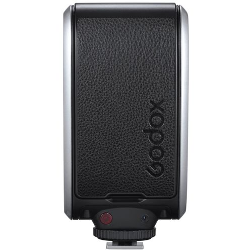 Flash Godox nero compatto con bordo argentato e pulsante rosso.