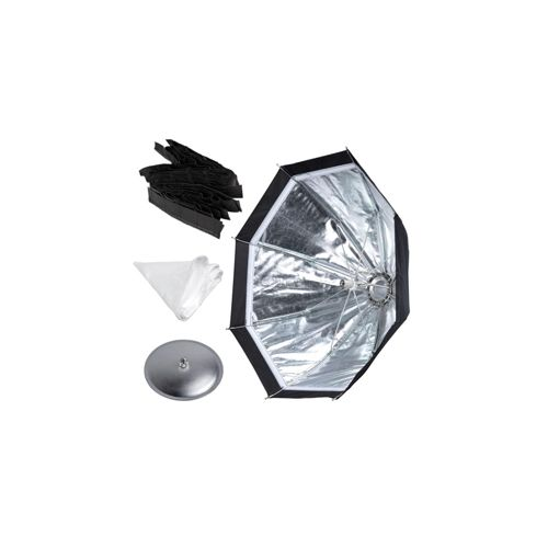 Ein silberner Oktagon-Softbox-Reflektor mit schwarzem Rand, Gitter und Diffusor.