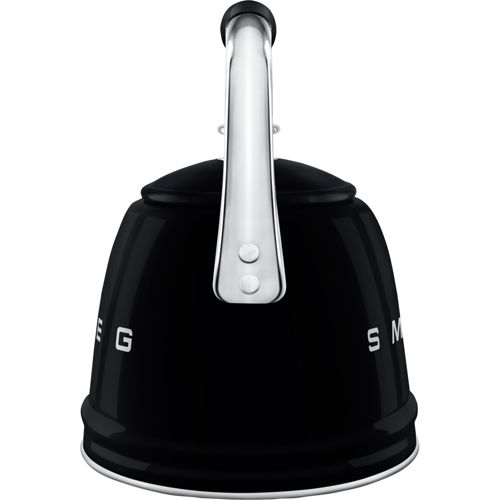 Schwarzer Wasserkocher mit silbernem Griff und Logo.