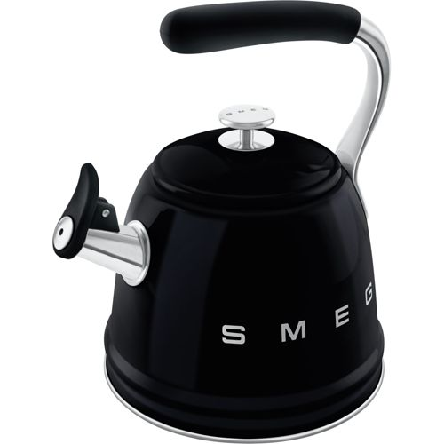 Eine glänzende schwarze SMEG-Teekanne mit silbernem Griff und Deckel.