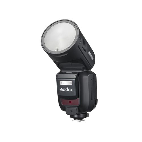 Flash Godox noir avec réflecteur rond et éléments de contrôle.