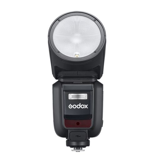Une tête de flash Godox noire avec réflecteur argenté et témoin rouge.