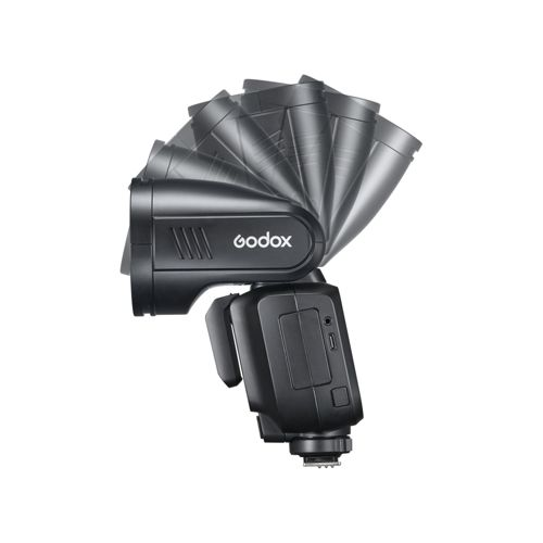 Tête de flash Godox noire avec réflecteur réglable sur fond blanc.