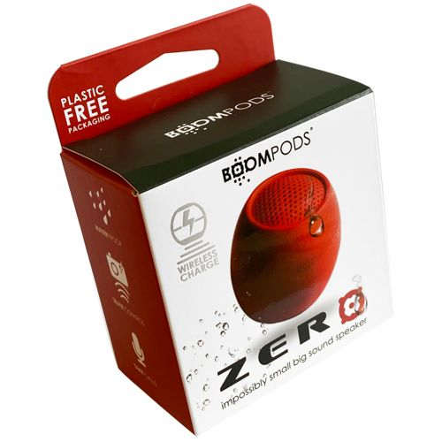 Verpakking voor een rode BOOMPODS ZERO luidspreker met 'Plastic Free' melding.