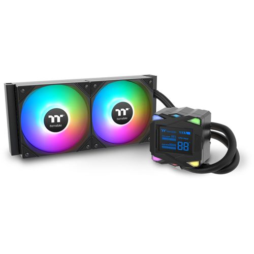 A CPU cooler with two RGB fans and a pump featuring a digital display.