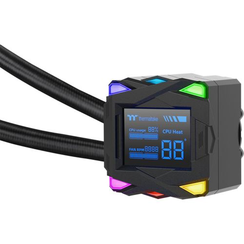 Zwarte CPU-koeler met digitaal display en kleurrijke LED's. Toont CPU-gebruik en ventilatorsnelheid.