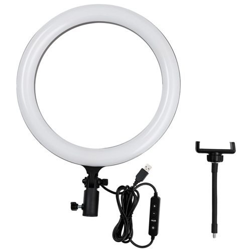 Ein weißer Ringlicht mit USB-Kabel, Fernbedienung und Handyhalterung.