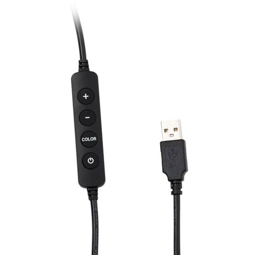 Schwarzes USB-Kabel mit Inline-Controller mit Plus-, Minus-, Farb- und Power-Tasten.