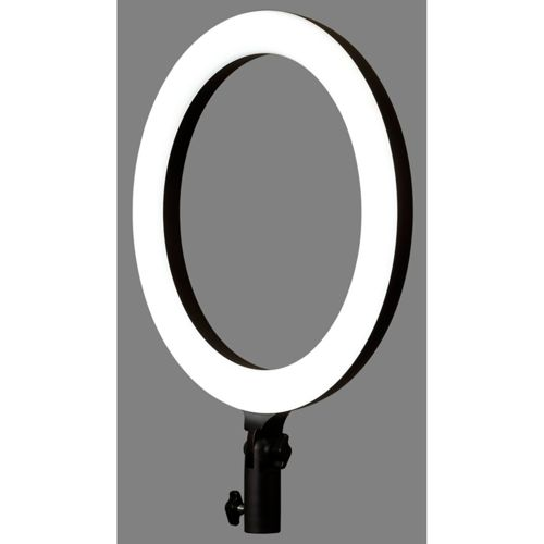 Ein beleuchteter Ringlicht mit schwarzem Ständer auf grauem Hintergrund.