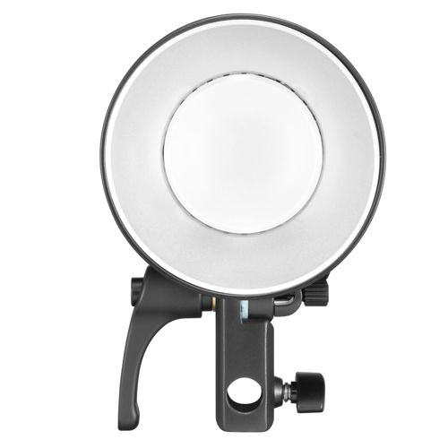 Une tête de flash de studio ronde avec réflecteur argenté et support noir.