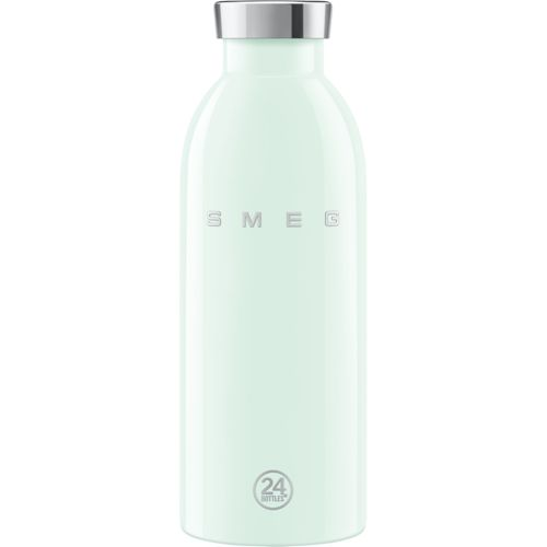 Eine hellgrüne Smeg-Wasserflasche mit silbernem Verschluss und Logo.