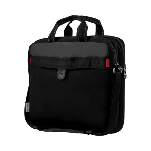 Sacoche noire pour ordinateur portable avec poignées et bandoulière. Accents rouges et gris.