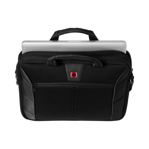 Sacoche noire pour ordinateur portable avec ordinateur, logo croix rouge et poignées.