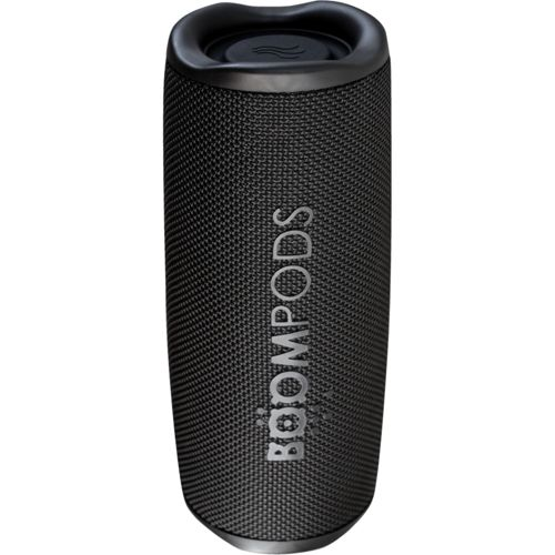 Altoparlante Bluetooth cilindrico nero con logo "BOOMPODS".