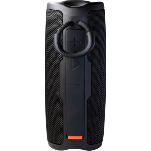 Altoparlante portatile nero con anello e controlli, vista su sfondo bianco.