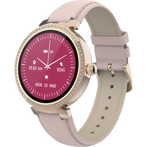 Montre connectée dorée avec bracelet en cuir rose et lunette scintillante.