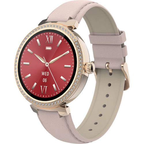 Une montre connectée or rose avec cadran rouge, diamants et bracelet rose pâle.