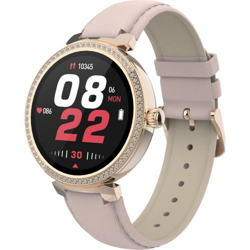 Une montre connectée rose avec boîtier doré et lunette étincelante.