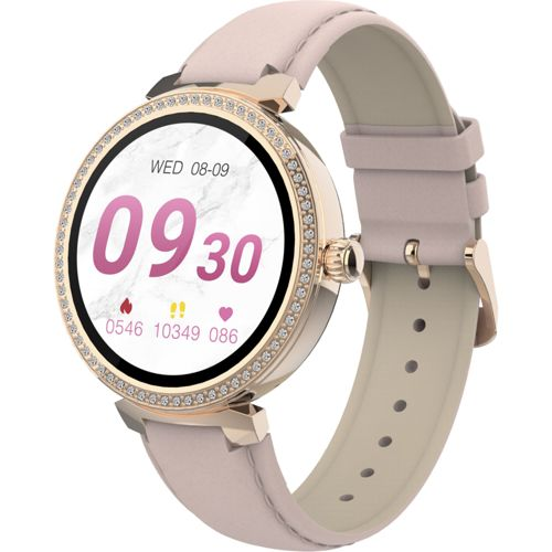 Une montre connectée dorée avec bracelet en cuir rose et lunette scintillante.