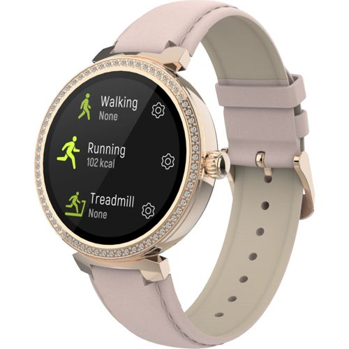 Une montre connectée rose avec boîtier doré et diamants. L'écran affiche des options d'exercice.